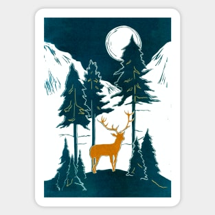 Golden Stag in Moonlit Mountains Linocut Sticker